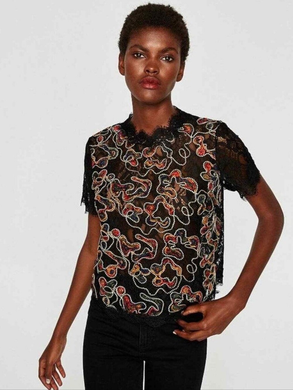 Zara Black Lace Short-Sleeve Top with Multicolor embroidery - Size S